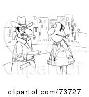 Royalty Free RF Clipart Illustration Of A Black And White Outline Of A Man Pointing A Gun At Another