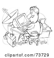 Royalty Free RF Clipart Illustration Of A Black And White Outline Of A Man Using A Satellite Computer