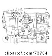 Royalty Free RF Clipart Illustration Of A Black And White Outline Of A Happy Lady Working