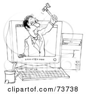 Royalty Free RF Clipart Illustration Of A Black And White Outline Of An Auctioneer In A Computer