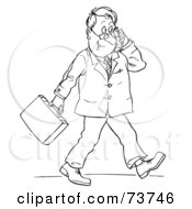 Poster, Art Print Of Black And White Outline Of A Businessman Walking And Using A Cell Phone