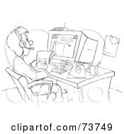 Royalty Free RF Clipart Illustration Of A Black And White Outline Of A Business Man Wearing A Headset And Using A Computer