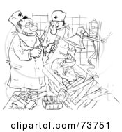 Royalty Free RF Clipart Illustration Of A Black And White Outline Of A Scared Patient On The Surgeons Table