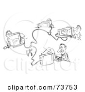 Royalty Free RF Clipart Illustration Of A Black And White Outline Of A Network Of Men