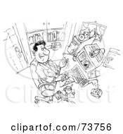 Royalty Free RF Clipart Illustration Of A Black And White Outline Of A Happy Businessman At Work