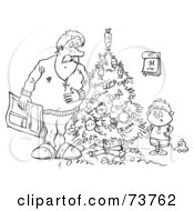 Royalty Free RF Clipart Illustration Of A Black And White Outline Of A Dad And Boy By A Christmas Tree