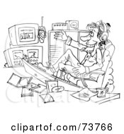 Royalty Free RF Clipart Illustration Of A Black And White Outline Of A Radio Personality At Work