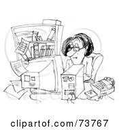Royalty Free RF Clipart Illustration Of A Black And White Outline Of A Businesswoman At Her Busy Desk