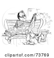 Royalty Free RF Clipart Illustration Of A Black And White Outline Of A Man Reading The News On A Bench