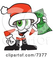 Santa Claus Mascot Cartoon Character Holding A Dollar Bill