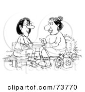 Royalty Free RF Clipart Illustration Of A Black And White Outline Of Two Ladies Chatting On A Bench