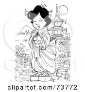 Royalty Free RF Clipart Illustration Of A Black And White Outline Of A Geisha In A Garden