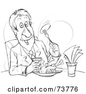 Royalty Free RF Clipart Illustration Of A Black And White Outline Of A Man Dining by Alex Bannykh
