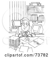 Royalty Free RF Clipart Illustration Of A Black And White Outline Of A Businessman Signing Papers