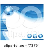 Poster, Art Print Of Background Of Four Blue Grid Globes With Waves Around White Text Space