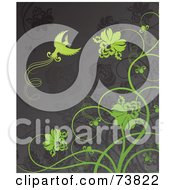 Poster, Art Print Of Gray Background With Green Flowers And A Bird