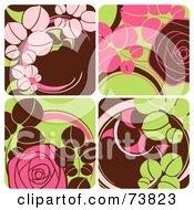 Poster, Art Print Of Brown Green And Pink Tiled Background With Flowers