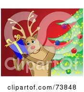 Poster, Art Print Of Black And White Outline Of A Reindeer Shaking A Present By A Christmas Tree