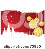 Royalty Free RF Clipart Illustration Of Gold Christmas Baubles Over Red With White Grunge And Trees