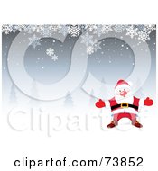 Royalty Free RF Clipart Illustration Of A Welcoming Santa On A Snowy Gray Background With Trees And Snowflakes