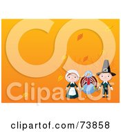 Royalty Free RF Clipart Illustration Of Male And Female Pilgrims With A Thanksgiving Turkey Bird And Autumn Leaves On Orange