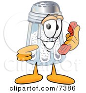 Salt Shaker Mascot Cartoon Character Holding A Telephone