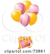 Poster, Art Print Of Pink And Yellow Birthday Gift Floating Away With Matching Balloons