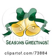 Poster, Art Print Of Seasons Greetings Text Under Two Ringing Christmas Bells With A Green Bow And Ribbon