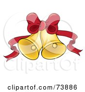 Poster, Art Print Of Two Golden Ringing Christmas Bells With A Red Bow And Ribbon