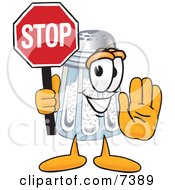Salt Shaker Mascot Cartoon Character Holding A Stop Sign