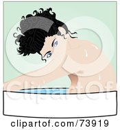 Blue Eyed Black Haired Woman Soaking In A Tub Over A Blank Banner