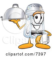 Salt Shaker Mascot Cartoon Character Dressed As A Waiter And Holding A Serving Platter