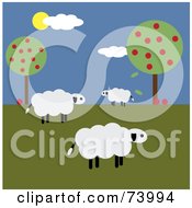 Poster, Art Print Of Flock Of Three White Sheep Near Apple Trees