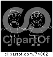 Royalty Free RF Clipart Illustration Of A White Stick Boy And Girl Holding Hands On Black