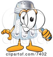 Salt Shaker Mascot Cartoon Character Looking Through A Magnifying Glass