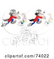 Royalty Free RF Clipart Illustration Of A Digital Collage Of A Wolf Chasing A Hare Cartoon Airbrushed And Outline