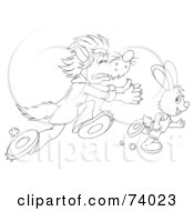 Poster, Art Print Of Black And White Outline Of A Wolf Chasing After A Rabbit