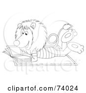 Poster, Art Print Of Black And White Outline Of A Relaxed Lion Reading A Book On The Beach