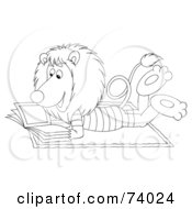 Royalty Free RF Clipart Illustration Of A Black And White Outline Of A Relaxed Lion Reading A Book On The Beach