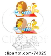 Royalty Free RF Clipart Illustration Of A Digital Collage Of A Reading Lion Cartoon Airbrushed And Black And White