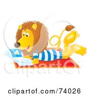 Poster, Art Print Of Relaxed Airbrushed Lion Reading A Book On The Beach