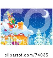 Royalty Free RF Clipart Illustration Of Santa Stumbling And Carrying A Stack Of Presents On A Roof On A Snowy Christmas Eve