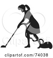 Black Silhouetted Maid Woman Vacuuming A Floor