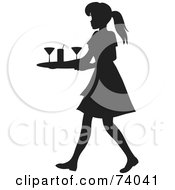 Poster, Art Print Of Black Silhouetted Maid Or Waitress Woman Tidying Up Cocktail Glasses