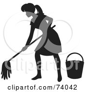 Royalty Free RF Clipart Illustration Of A Black Silhouetted Maid Woman Mopping A Floor by Rosie Piter