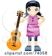 Poster, Art Print Of Happy Black Haired Girl Standing With A Guitar