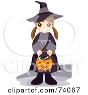 Poster, Art Print Of Happy Little Girl Holding A Pumpkin Basket And Dressed In A Witch Costume