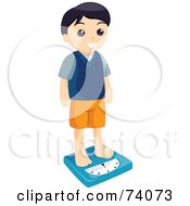 Poster, Art Print Of Little Boy Weighing Himself On A Scale