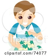 Poster, Art Print Of Happy Little Boy Assembling A Puzzle