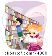 Poster, Art Print Of School Girl And Boy Picking Books In A Library